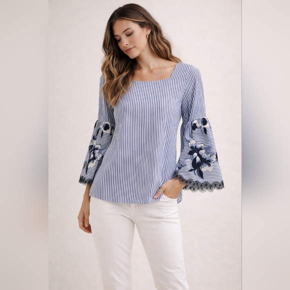 Joseph Ribkoff Tops - Joseph Ribkoff Blue & White Striped Blouse Floral Embroidered Sleeves